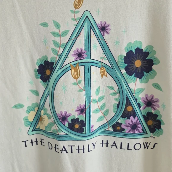 Harry Potter Womens The Deathly Hallows T Shirt Cream Teal Multicolor Size S - Picture 2 of 4
